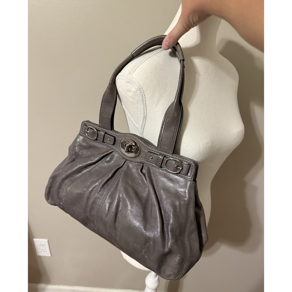 Coach Gray Leather Purse Large Hobo Handbag Turnlock Closure